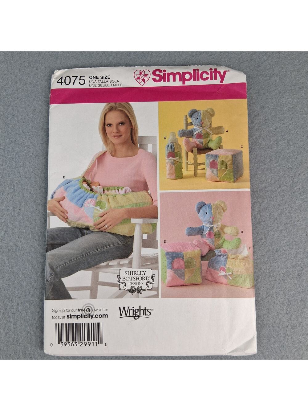 Simplicity 4075 Sewing Pattern Baby Accessories Bears Blocks Carrier Bottle Warm